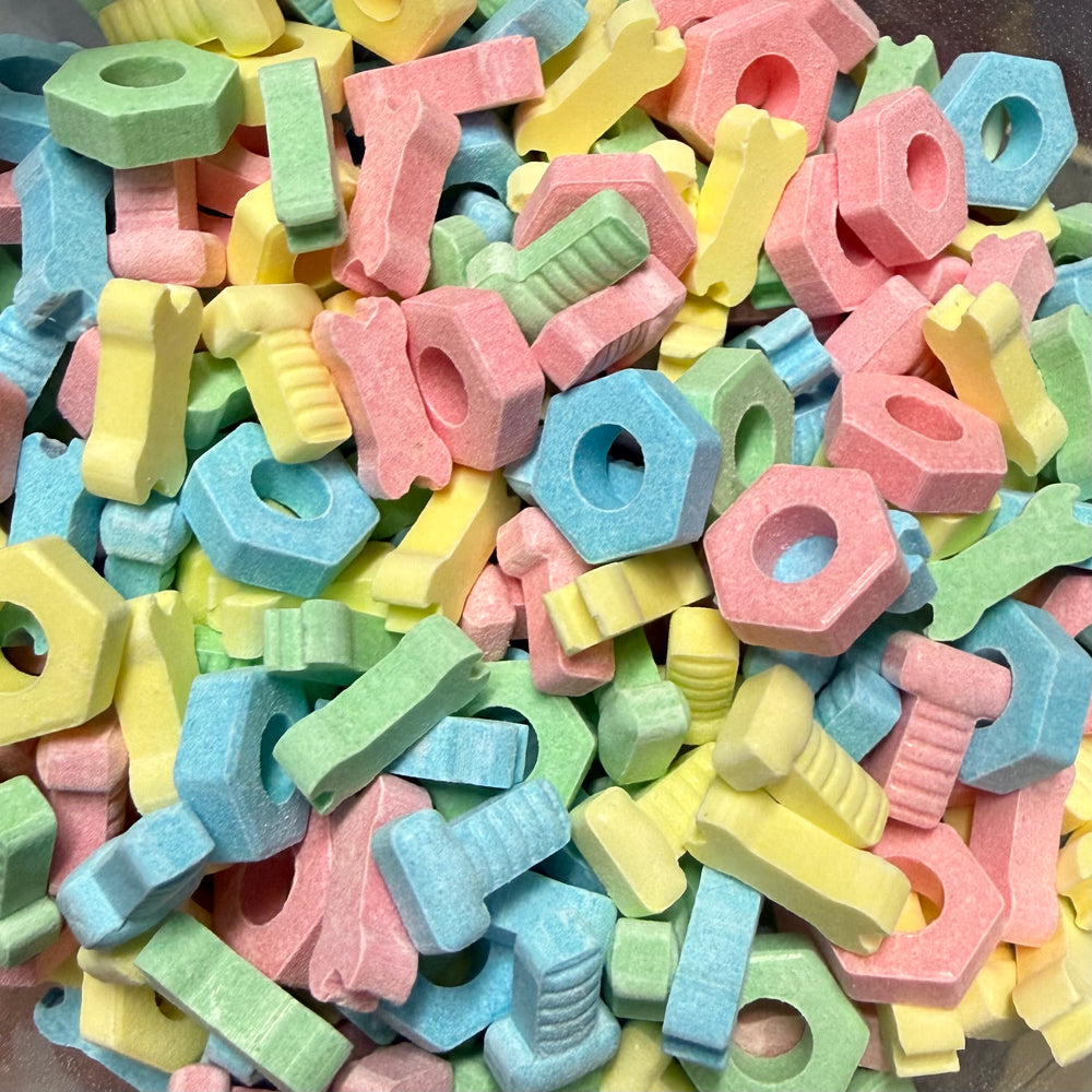 Colorful assortment of 4D nuts Bolt and Tool  shaped candies 