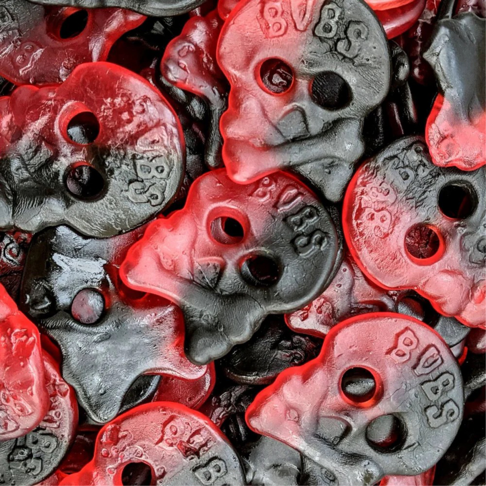 BUBS Raspberry Salty Licorice Skulls 100g