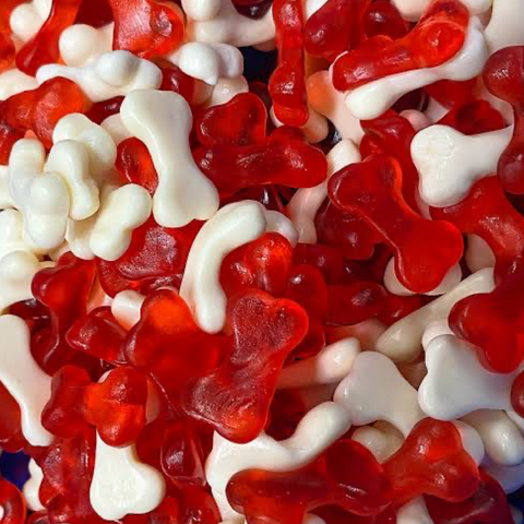  red and white bone-shaped gummy candies