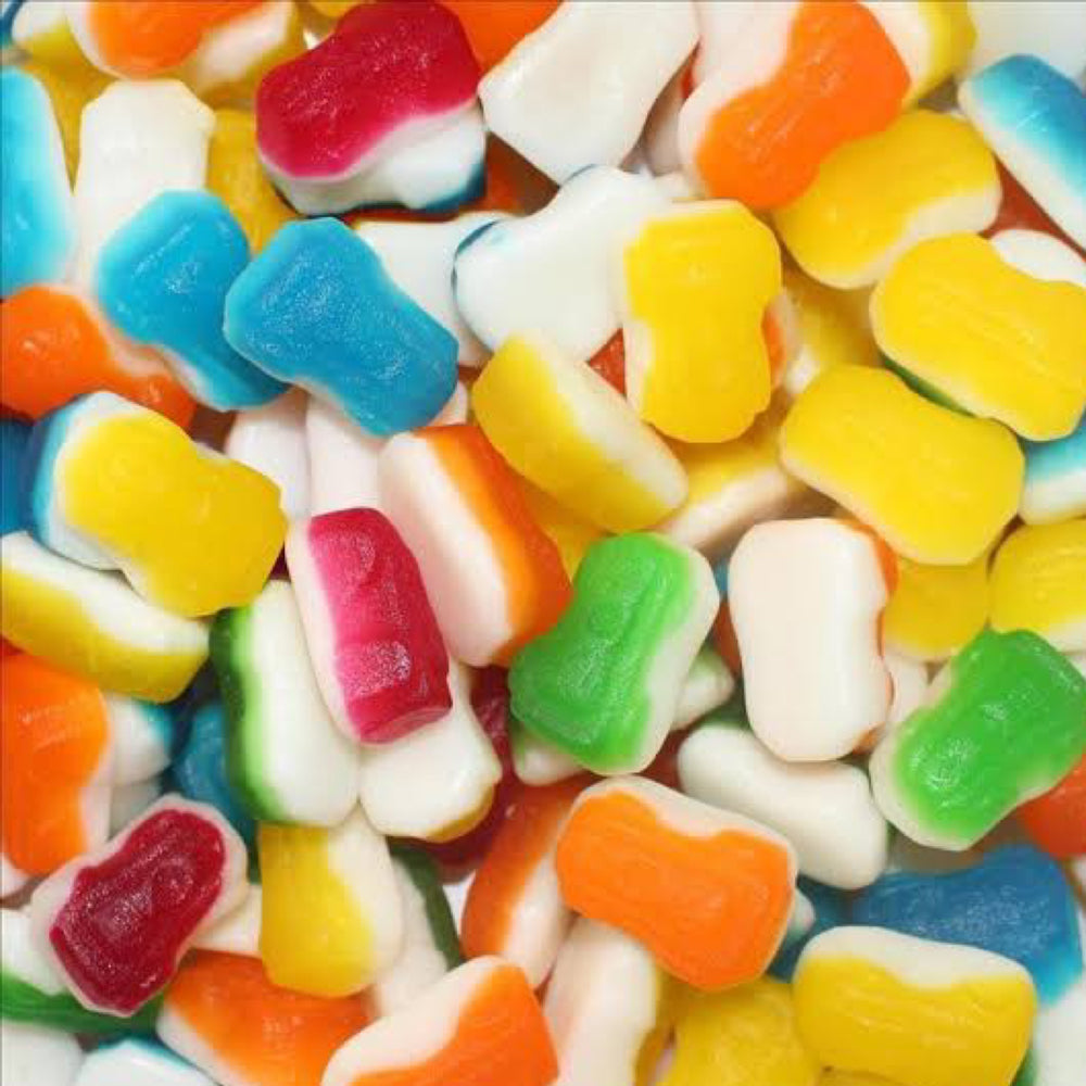 A variety of colorful drag racing car-shaped candies.